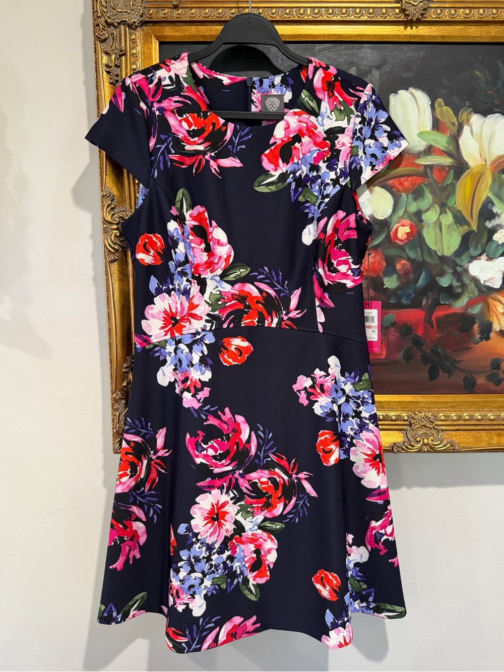 Vince Camuto Navy Fit-and-Flare Dress with Pink, Red & Purple Florals